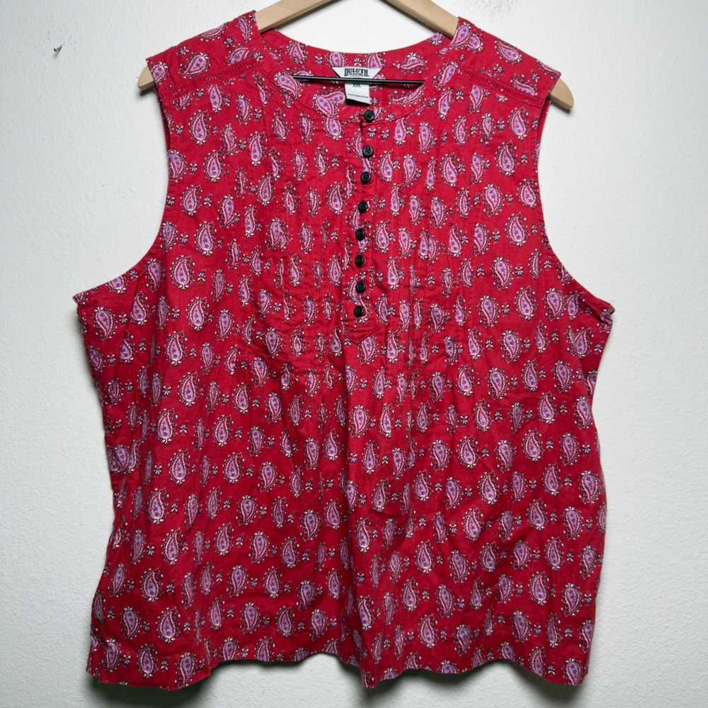Duluth Trading Co Womens Hemp Artisan Pin-Tuck Tank XXL Red Paisley Henley